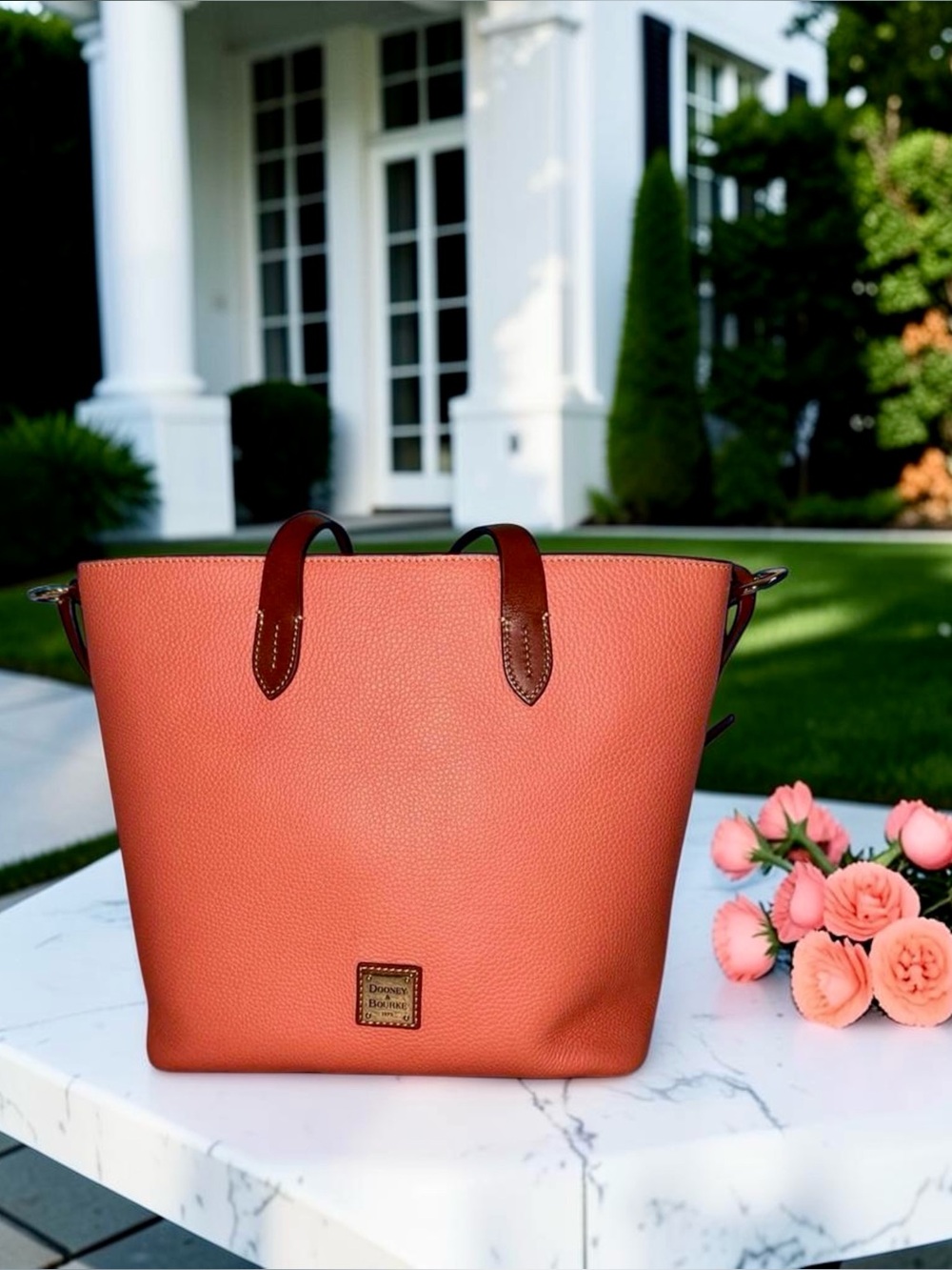 Dooney & Bourke Pebble Grain Lilliana Shopper Tote Coral & British Tan Leather